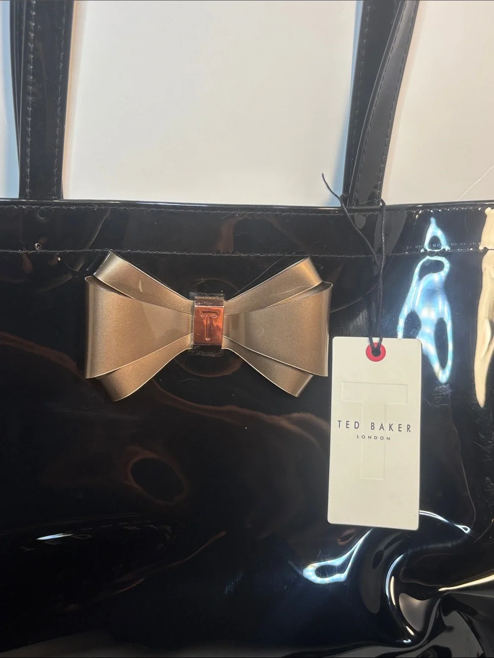 NWT Ted Baker Black Patent Icon Tote Bag with Gold Bow